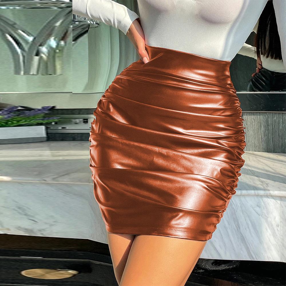 Women's High Waist PU Leather Ruched Bodycon Mini Skirt High Waisted Pencil Skirt