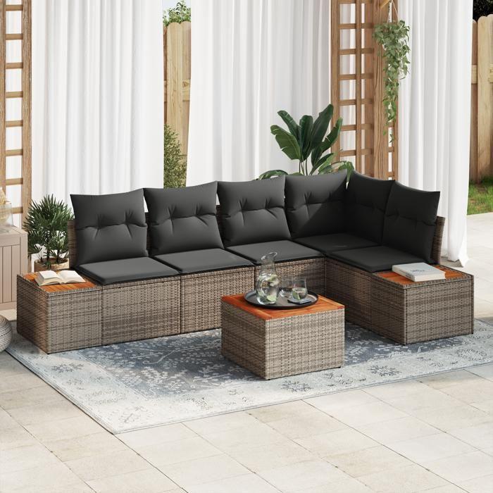 VidaXL Ensemble de canapés de jardin de 6 pièces avec coussins Gris Poly Rattan Acacia 3348090