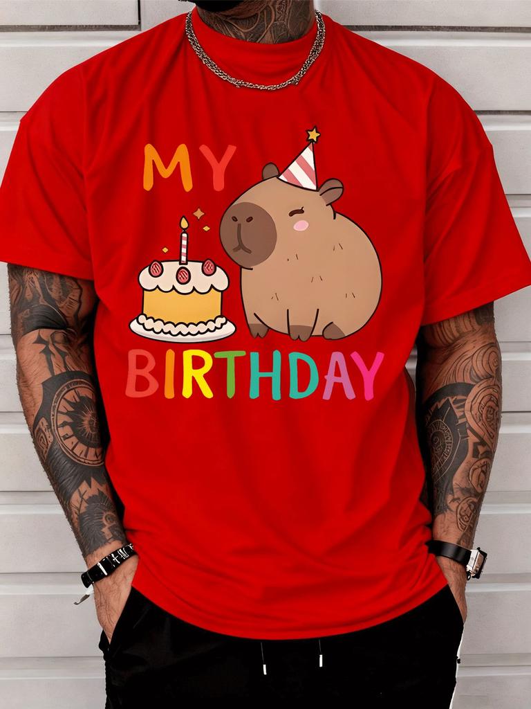 Cute Capybara My Birthday Cake Unisexs Print T Shirt Colorful Animal Graphic Tee Casual Short Sleeve Top Birthday Party Gift
