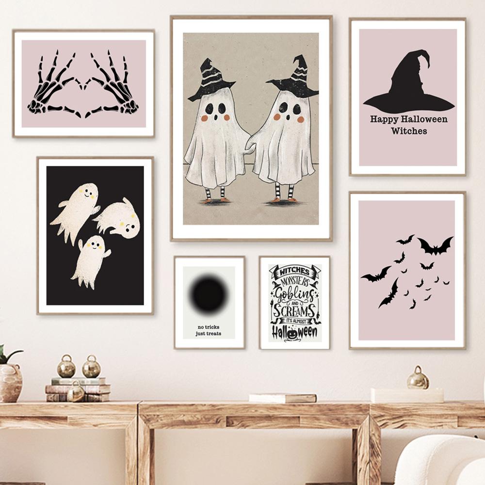 Pink Halloween Geist Skelett Hexenhaftes Gemälde Druck Leinwand Poster Nordische Wandkunst Bild zum Geschenk Wohnzimmer Heimdeko Cuadro