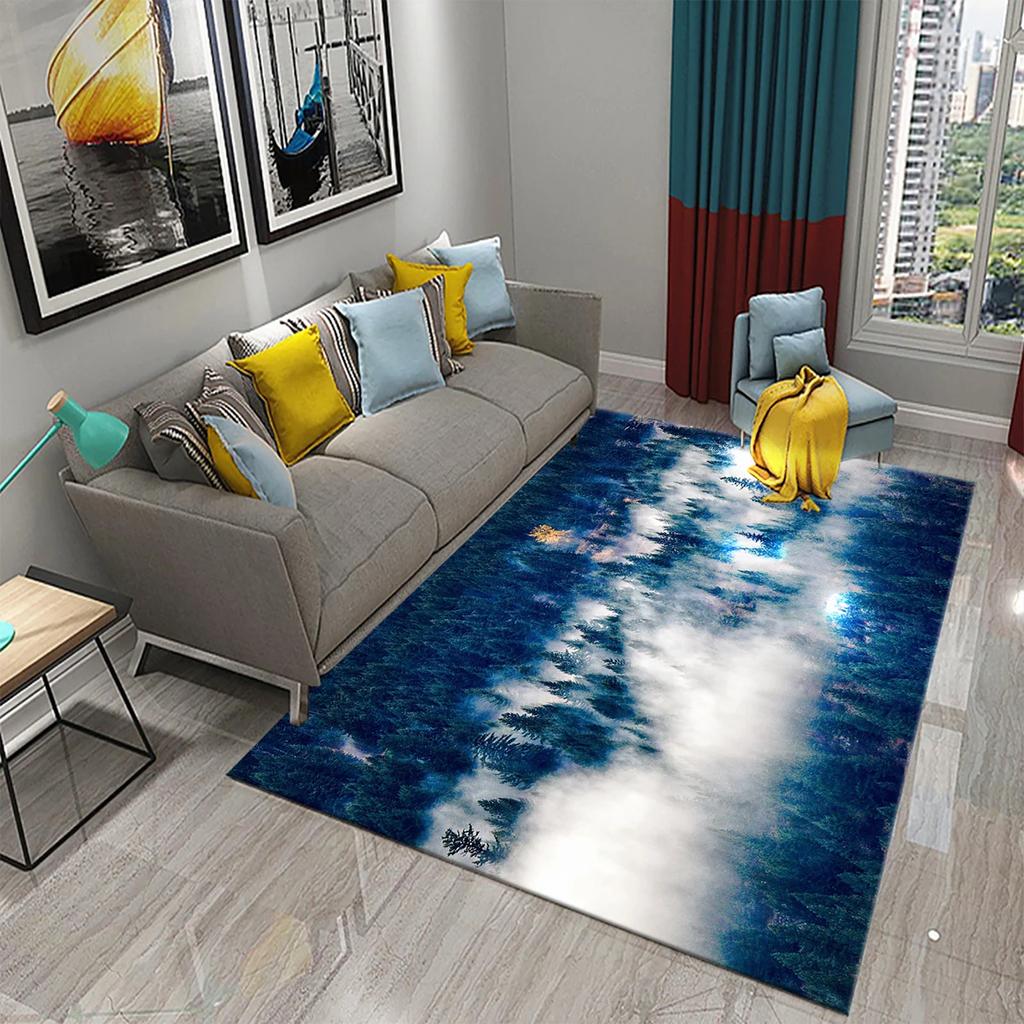 3D Foggy Forest Carpet White Smoke Fog Clouds Rugs Bathroom Kitchen Non-Slip Doormat Area Rug Living Room Bedroom Decor Rugs