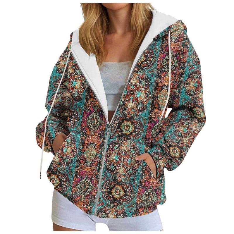 Spring Autumn Vintage Floral Print Sweatshirt Women's Graphic Hoodie Long Sleeve Pullover Tops With Drawstring Women Sweatshirts