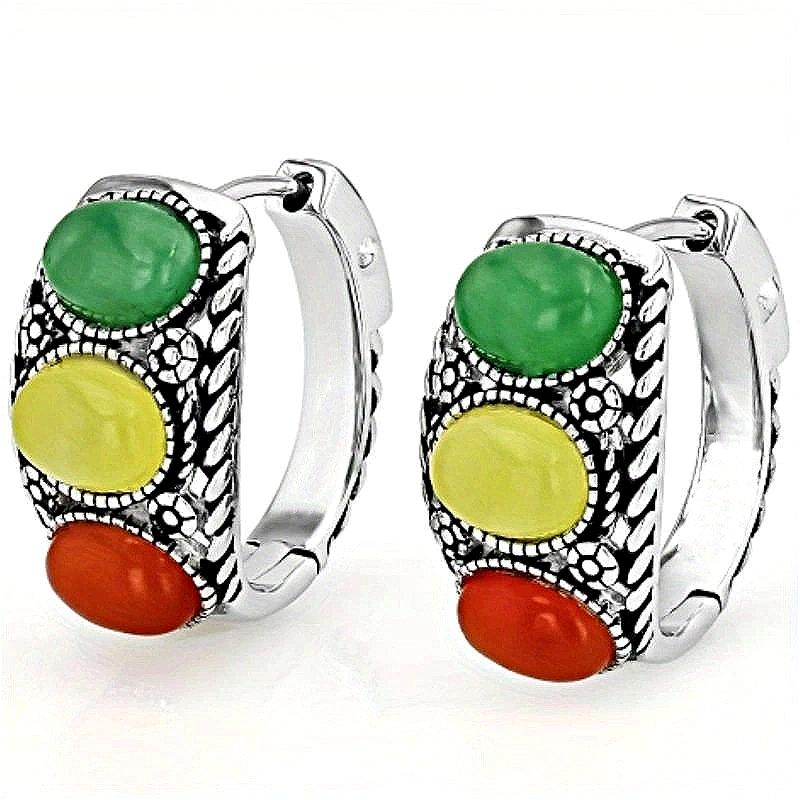 Vintage Silvery Plated Hand Carved Texted Colored Synthetic Turquoise Hoop Earrings Women Bohemian Style Banquet Jewelry Crafts