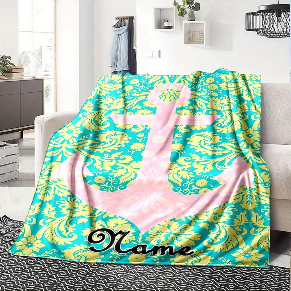 Anchor Floral Blanket With Customizable Name Four Seasons Comfortable Shawl Blanket Suitable For Home Travel Camping Office Decoration Perfect Gift