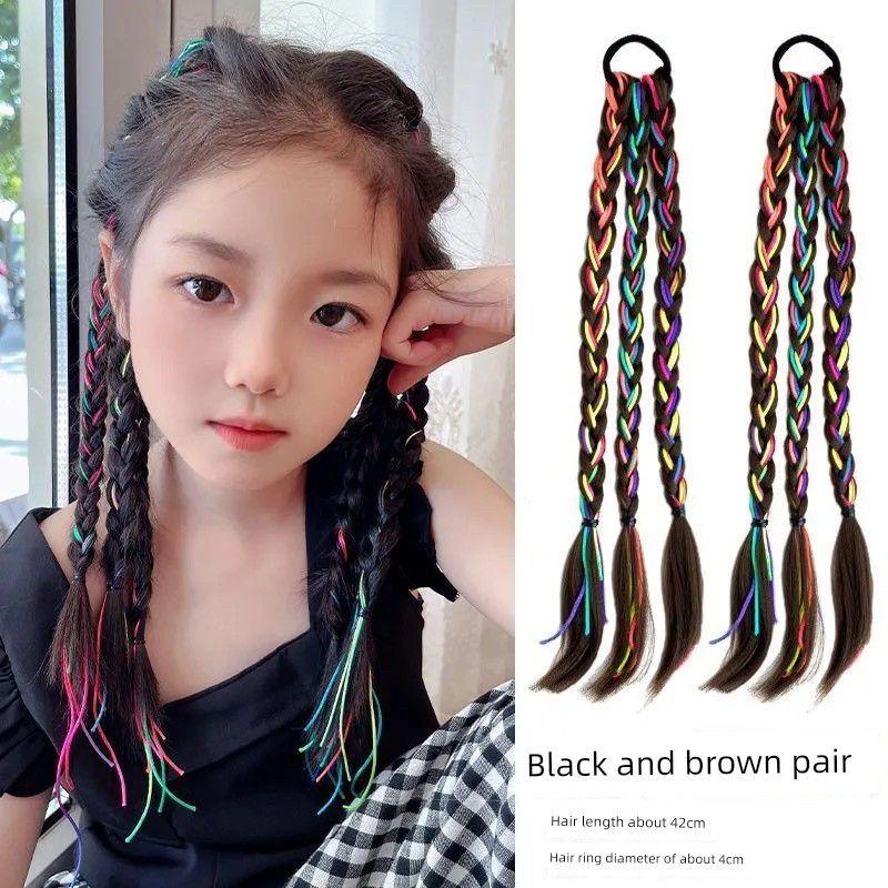 Kids Wig Braid Hair Ring Sweet Cool Boxing Braid Colorful Ropes Girl High Ponytail Twist Braid Rubber Band Headband Hair Accessories