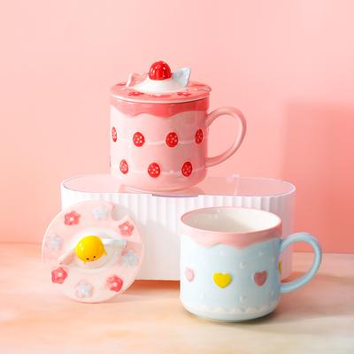 360ml Ceramic Cup Cartoon Beautiful Strawberry Cake Mug with Lid Milk Breakfast Coffee Water Cup Cute Birthday Drinkware Gift