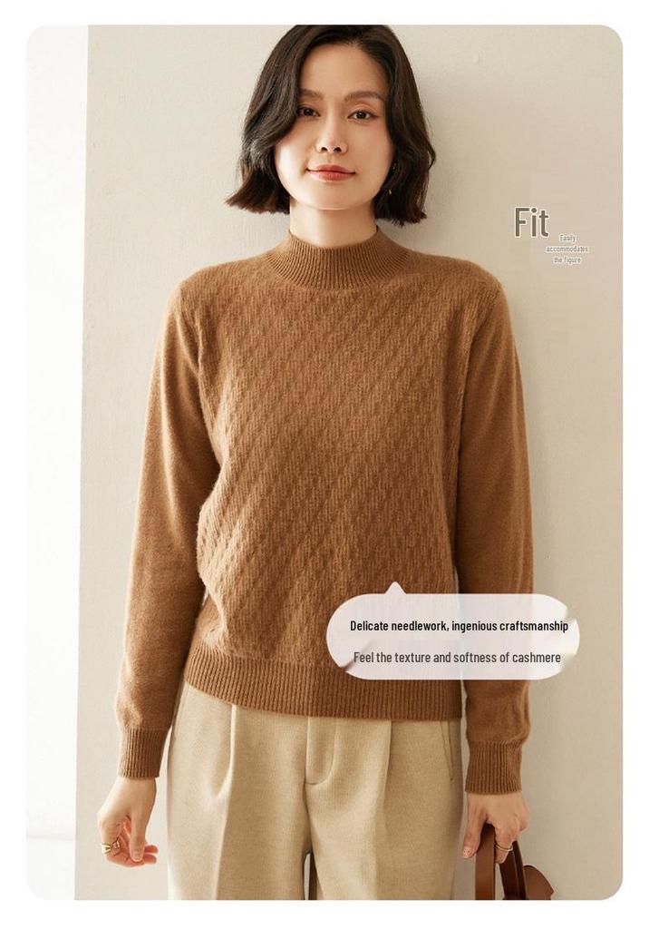 Women's Cashmere Half-High Collar Loose Knit Sweater - Autumn Winter Long Sleeve Pullover