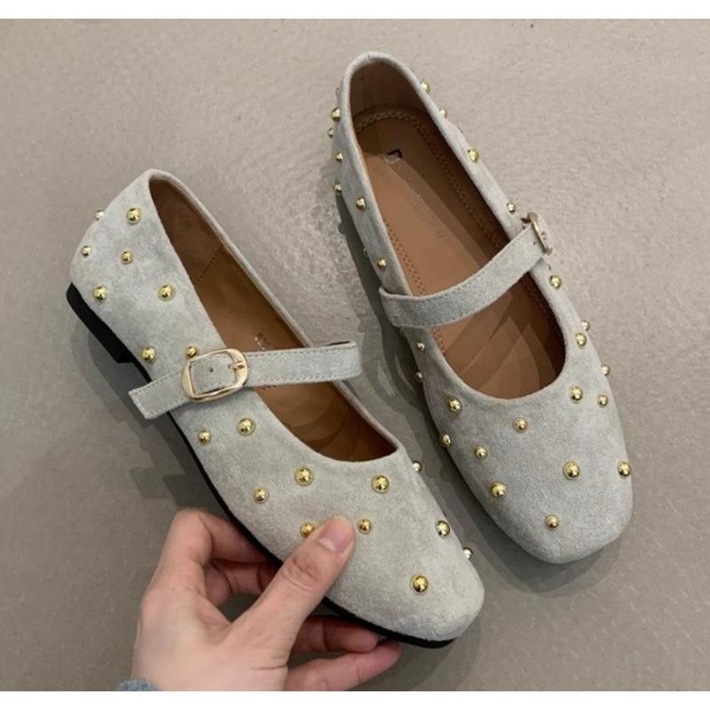 Fashion Mary Jane Shoes for Women Rivet Suede Classic Retro Brown Casual Soft Bottom Comfortable Ladies Flats Rhinestone Luxury Flats