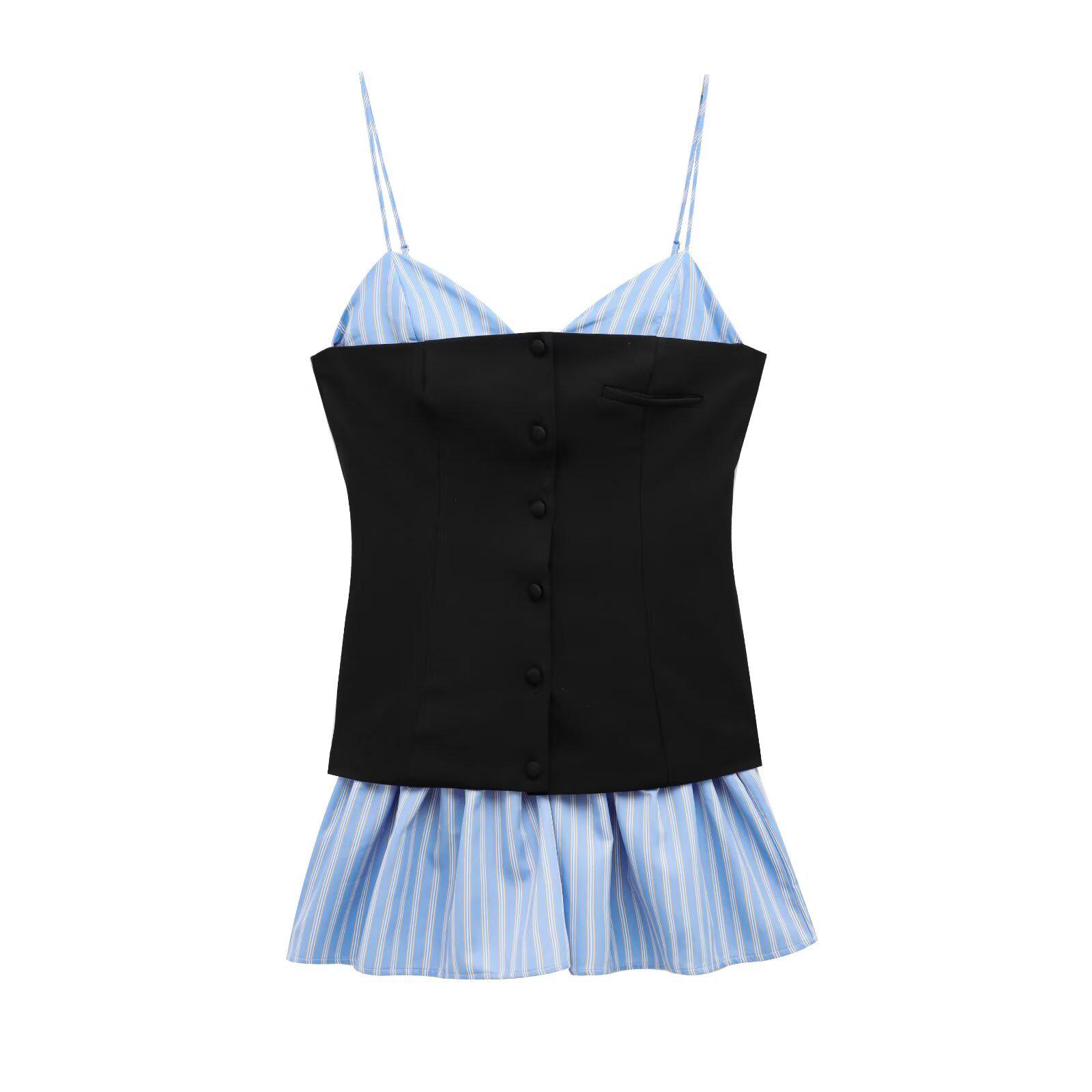 

Весна 2025 Женское короткое платье в европейском и американском стиле из поплина в стиле пэчворк Extra Small синий