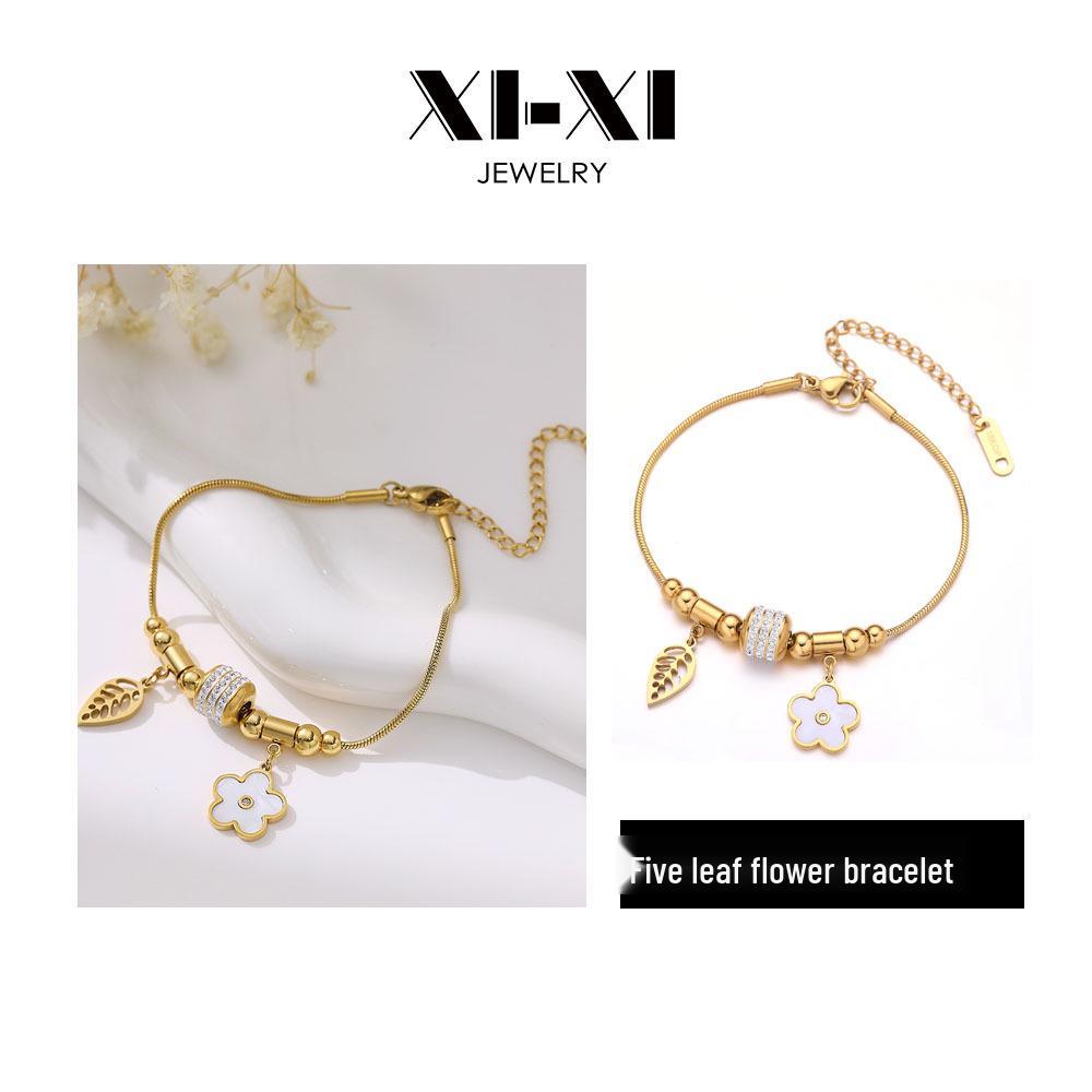 18K Gold Plated Stainless Steel Bracelet with Diamond Inlaid Hollow Leaf and Five-Petal Flower Pendant for Women золотой