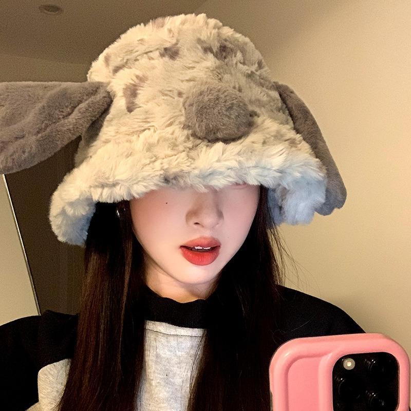 Designer cute puppy ears bucket hat women's autumn and winter plush warm ear protector