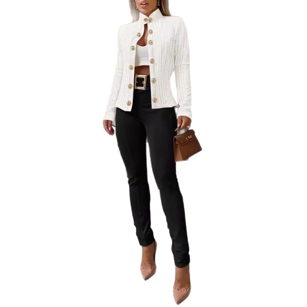 New Autumn Women's Stand Collar Cropped Jacket, Metal Button Decor Slim Fit Short Coat, Knit Texture Casual Outerwear For Daily Street Fashion Outfits