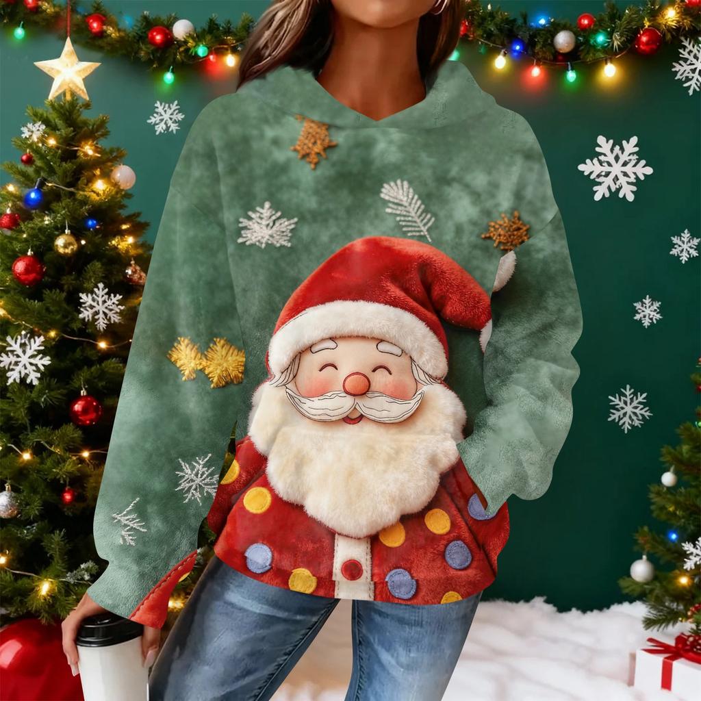Women's Hooded Long Sleeve Christmas Printed Flannel Top Hooded Sweatshirt