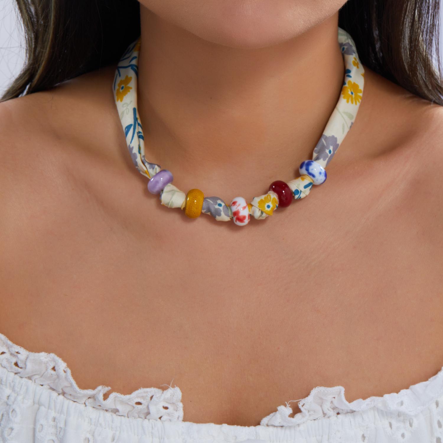 Boho Colorful Flower Fabric Scarf Necklace for Women Minimalist Ceramic Beaded Adjustable Necklace Charms Stackable Jewelry