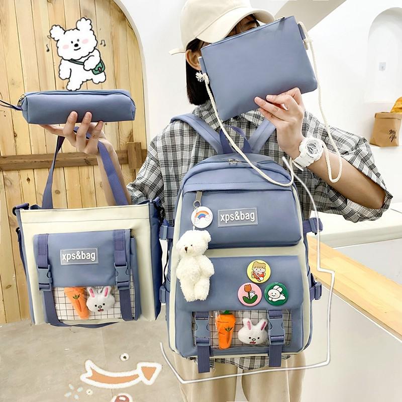 Set di Zaini in Tela da 4-5 Pezzi per Studenti: Design Carino con Carota e Coniglio, Perfetto per Bambine e Bambini delle Scuole Elementari e Medie