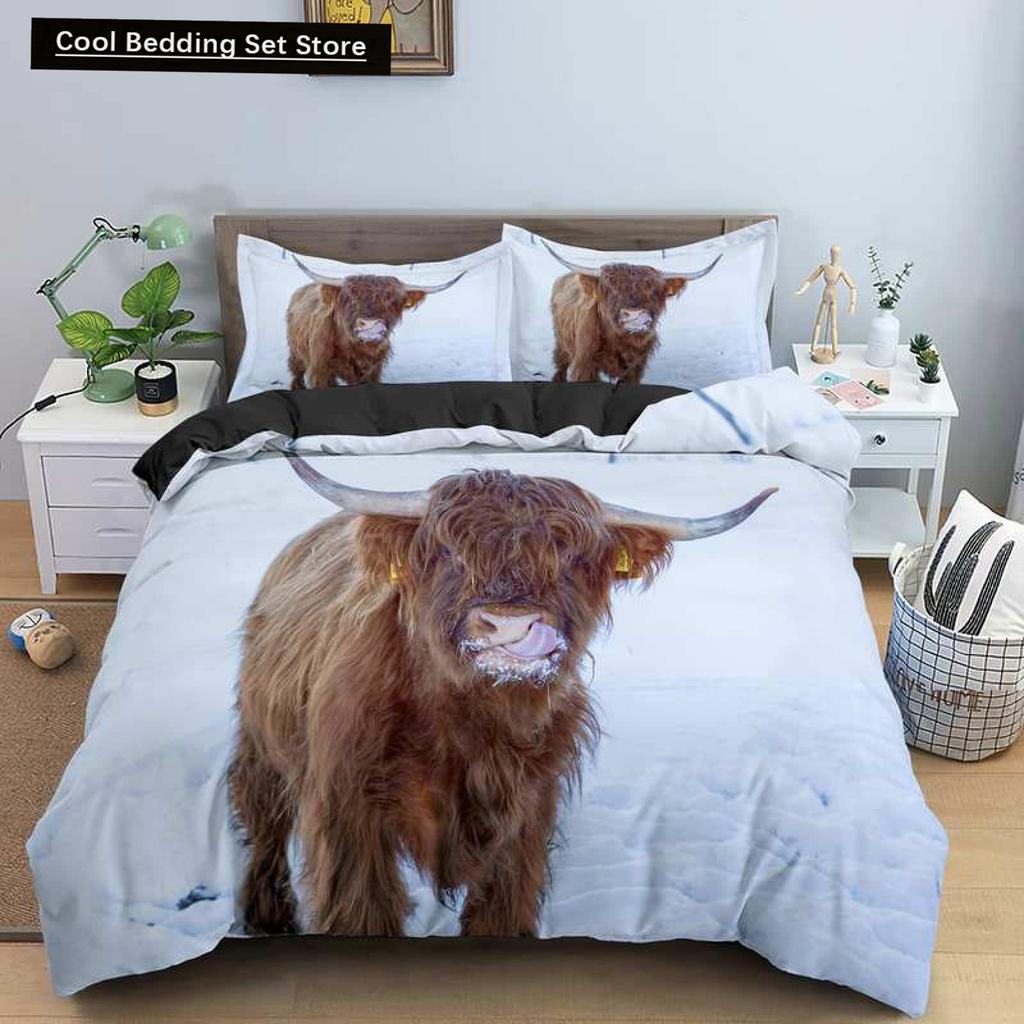 Highland Cow King Queen Duvet Cover Bull Bedding Set for Adults Cattle 2/3pcs Quilt Cover Farm Animal Polyester Comforter Cover