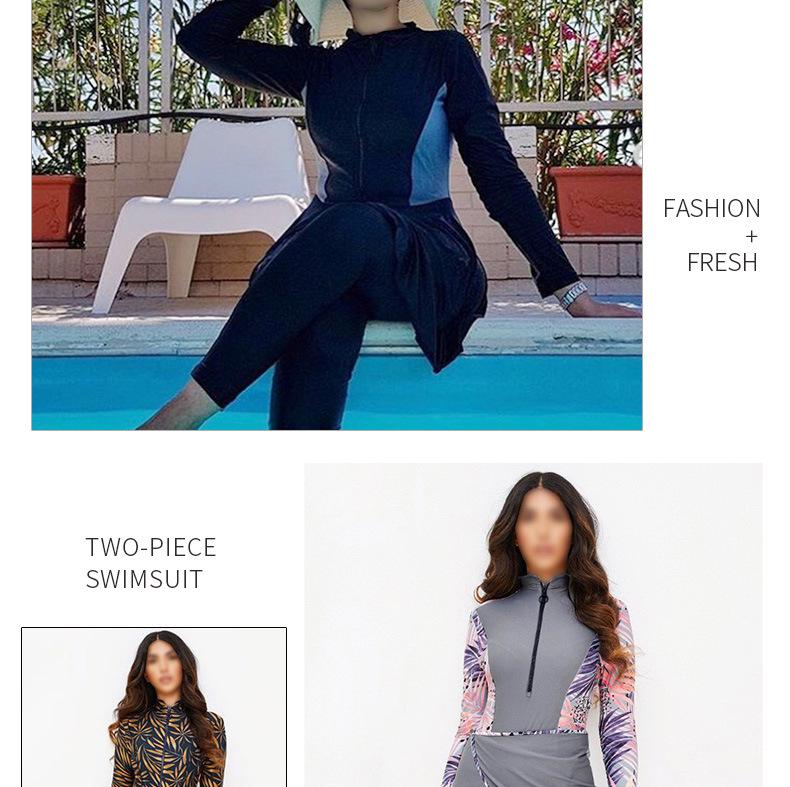 Übergröße Muslimische Damen Sonnenschutz Dreiteiliges Badeanzug-Set mit Langen Ärmeln und Hose