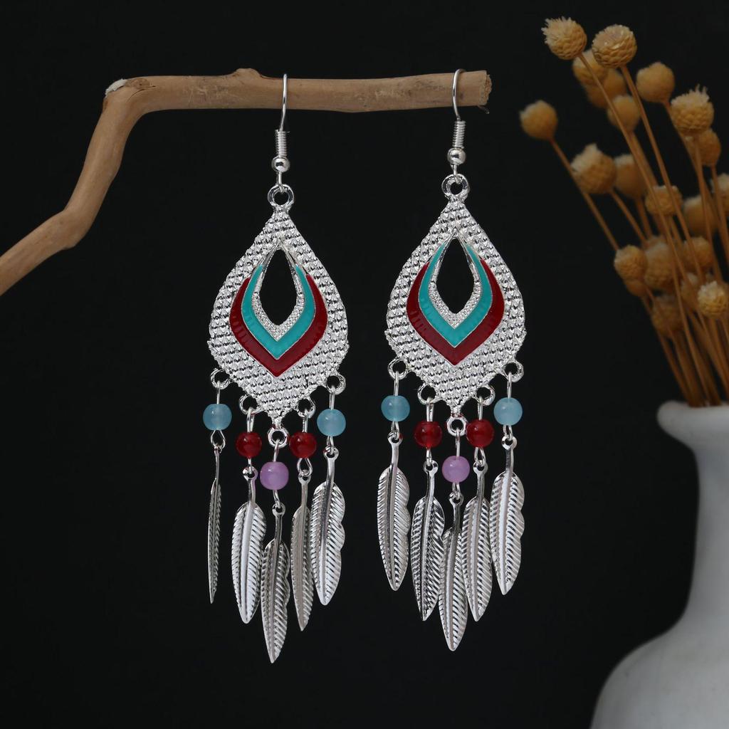 Personalized Bohemian Miao Silver Geometric Tassel Earrings