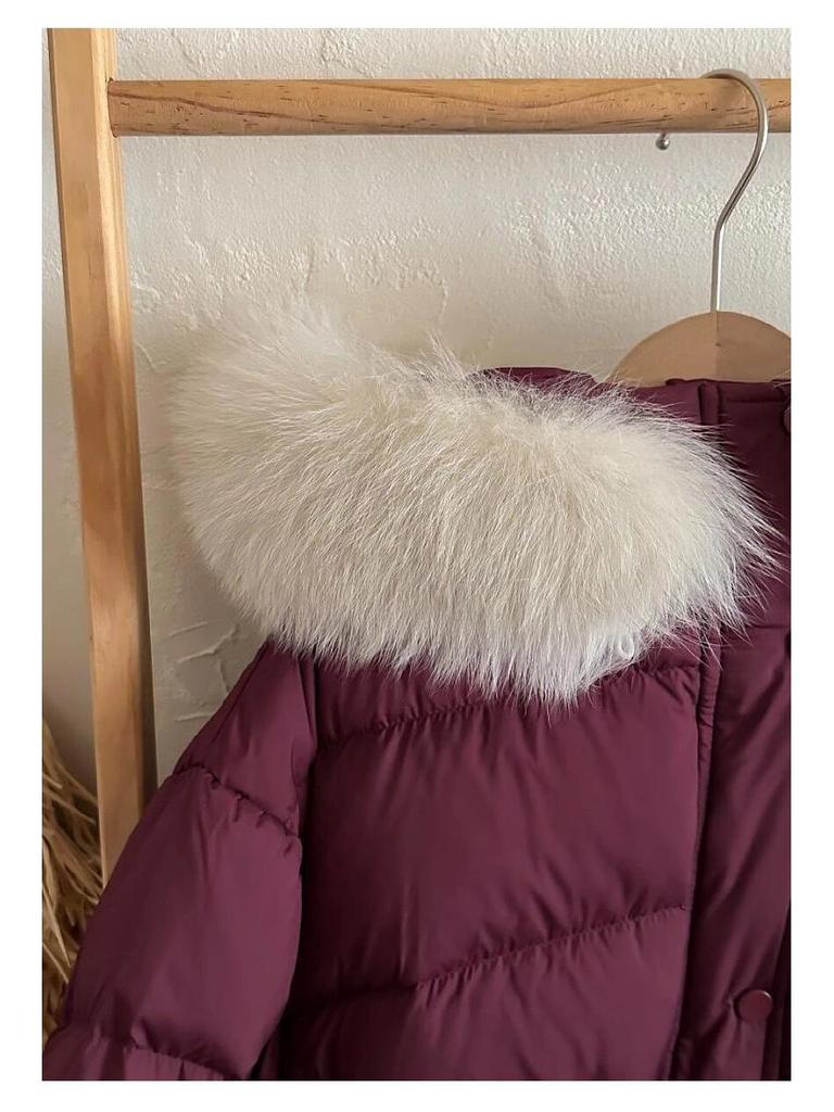 2024 Winter Kids' White Duck Down Jacket with Real Fur Collar, Hooded, Mid-Length for Boys and Girls