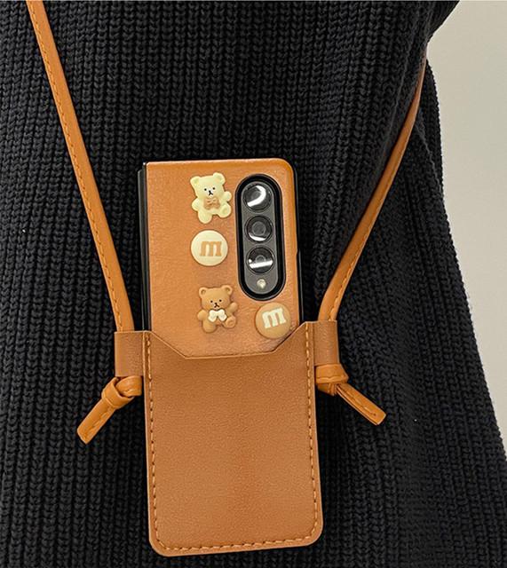 Cute Cartoon Bear Crossbody Leather Phone Case For Samsung Z Fold 3 Z Fold 2 5g Z Fold 4 W21 W22 Card Pocket Phone Cover Funda