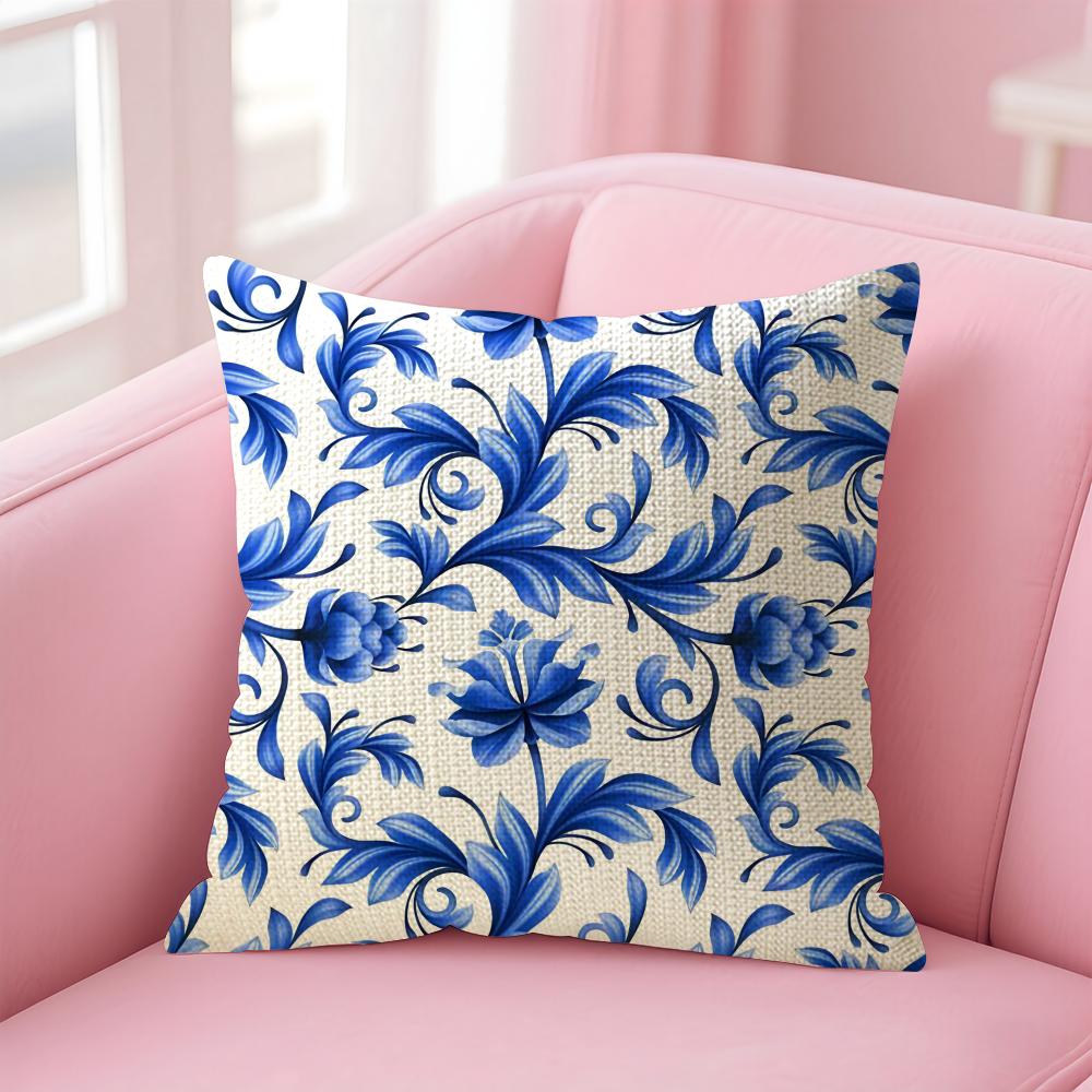 Blue Pattern Hot Cushion Cover Natural Linen Pillow Case DoubleSided Print Decorative Sofa Pillowcase Home Decor Gift