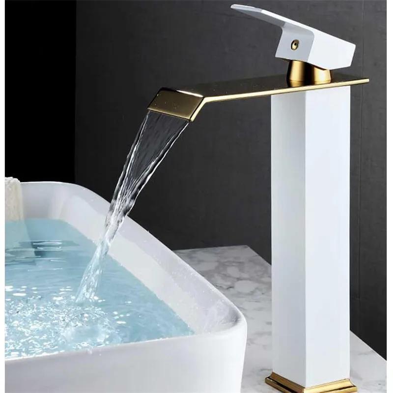 Basin Faucet Gold and Black Waterfall Faucet Brass Bathroom Faucet Bathroom Basin Faucet Mixer Tap Hot and Cold Sink Faucet