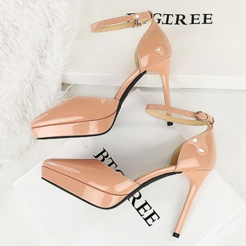 Fashion Elegant High Heels Women's Waterproof Platform Pointed Toe Patent Leather Glossy Thin Heel Hollow Strap Sandals Women's Shoes