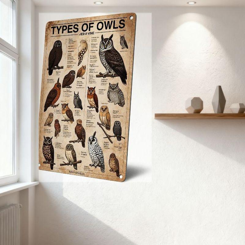 Vintage 'Types of Owls' Metal Sign with JED & VINE, Great Horned/Barn/Screech Owl Illustrations, Rustic Antique Hanging Tin Wall
