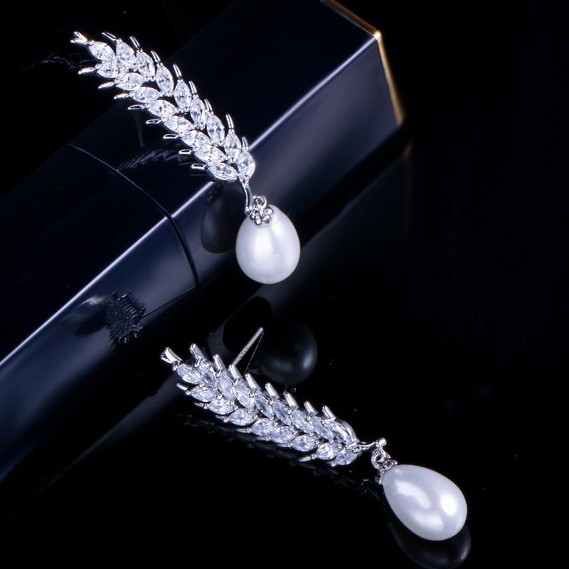 CMM High Quality Fashion Cubic Zirconia Dangling Drop Artificial Pearl Jewelry Wheat Feather Earrings