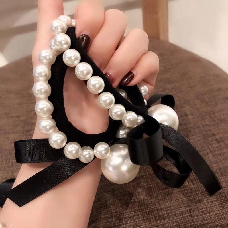 Elegant Black Bow Ponytail Holder with Pearls for Women