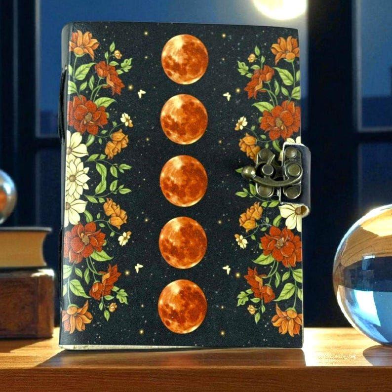 Large Leather Grimoire Journal: Moon Print Spell Book, Blank Book of Shadows