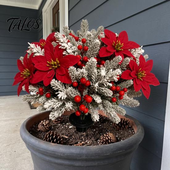 Red Poinsettia Stakes 17Pcs Christmas Stems, Artificial with Frosted Pine Branches Reusable Holiday Floral Berries, Faux Winter Picks for Outdoor Yard