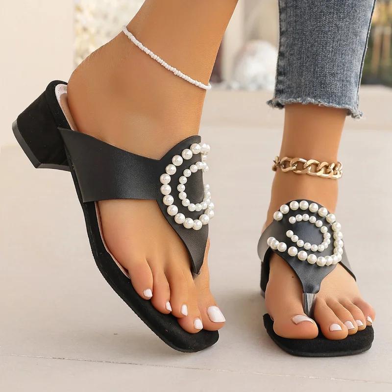 Fashion Hot Sale Square Toe Flip Flops Fashion Mules Shoes Women Slippers Velvet Ladies Low Heel Pearl Flower Decoration Women's Sandals