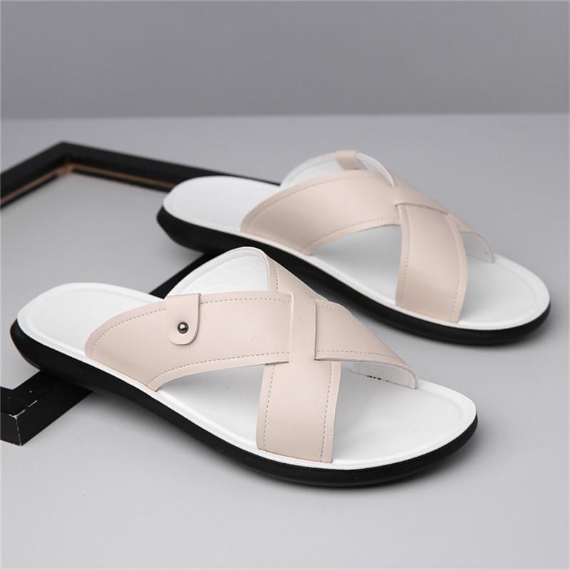 Summer Men Classic Lightweight One-line Slippers Men Anti-slip Pu Leather Casual Cool Slippers With Soft Beach Vacation Shoes