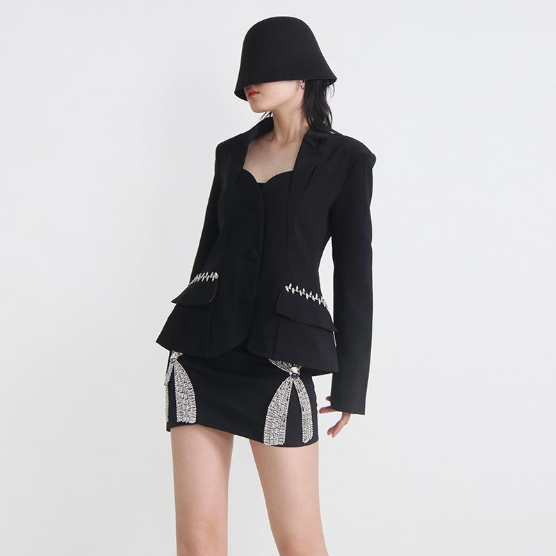 Women's Spring 2025 Korean Square Collar Diamond Backless Suit Jacket