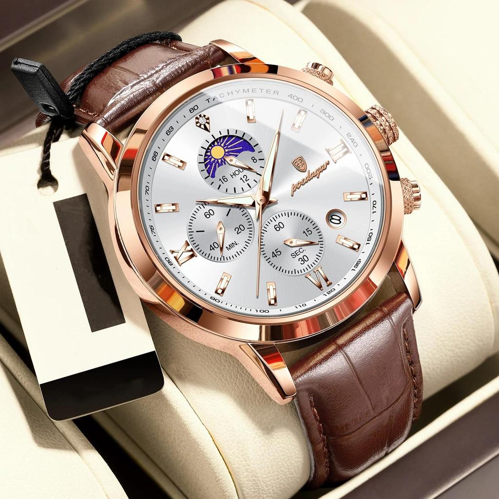 POEDAGAR Original Business Men's Wristwatch Chronograph Date Luminous Waterproof Man Watch Leather Luxury Quartz Watches For Men