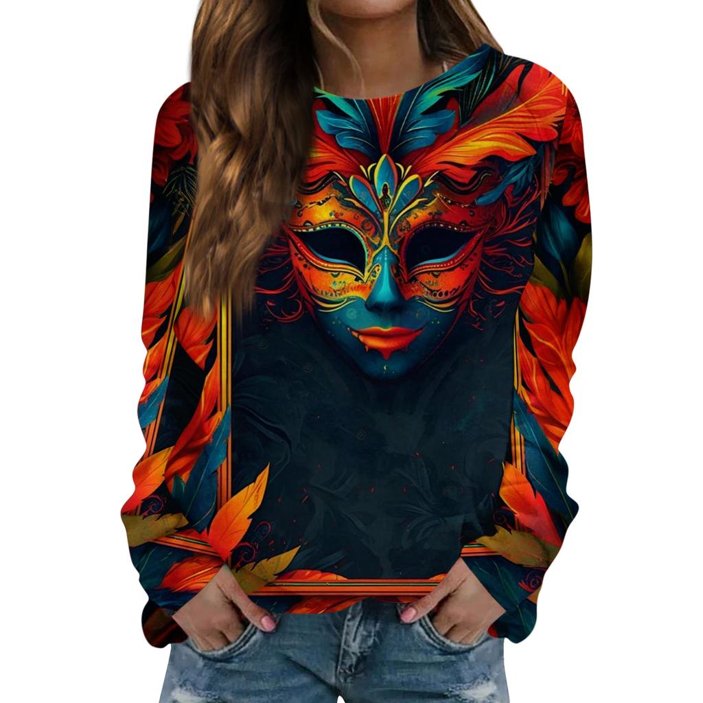 Women's Fashion Casual Long Sleeved Print Round Neck Sweater Top
