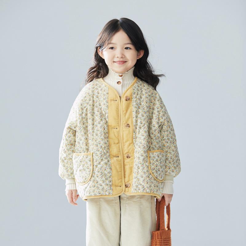New Design Girls Winter Korean Style Floral Cotton-Padded Corduroy Three-Color Floral Cotton Jacket