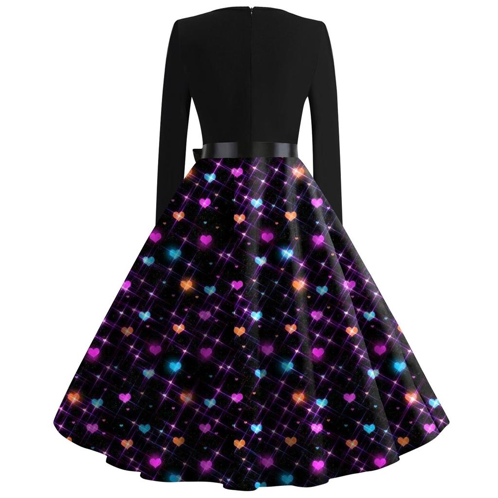 Women's Vintage Classic Dress Long Sleeve Valentine's Day Print  Square Neck Swing Dress