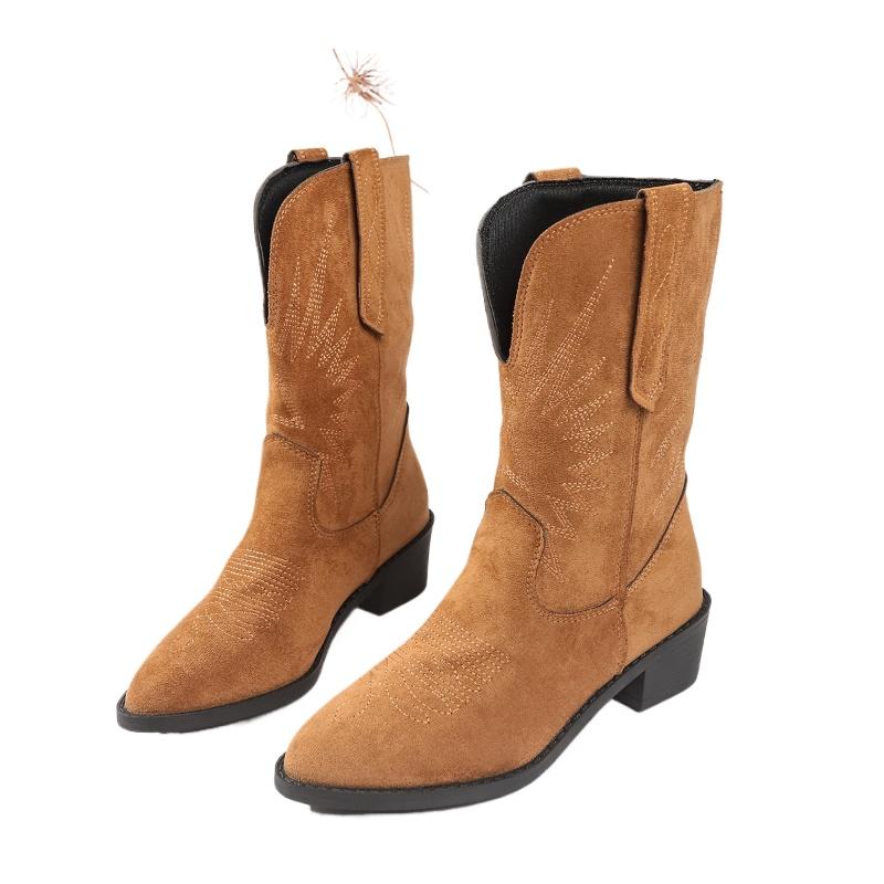 Plus Size 35-43 Cowboy Boots Embroidered Retro Western Boots Women's New Autumn/Winter Coarse Heel Middle Sleeve Knight Boots