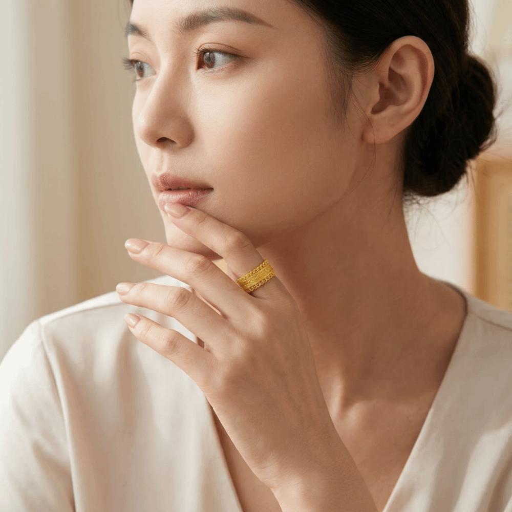 Elegant Sandy Gold Filigree Ring Weave Design Ancient Ring Classic Banquet Jewelry Women