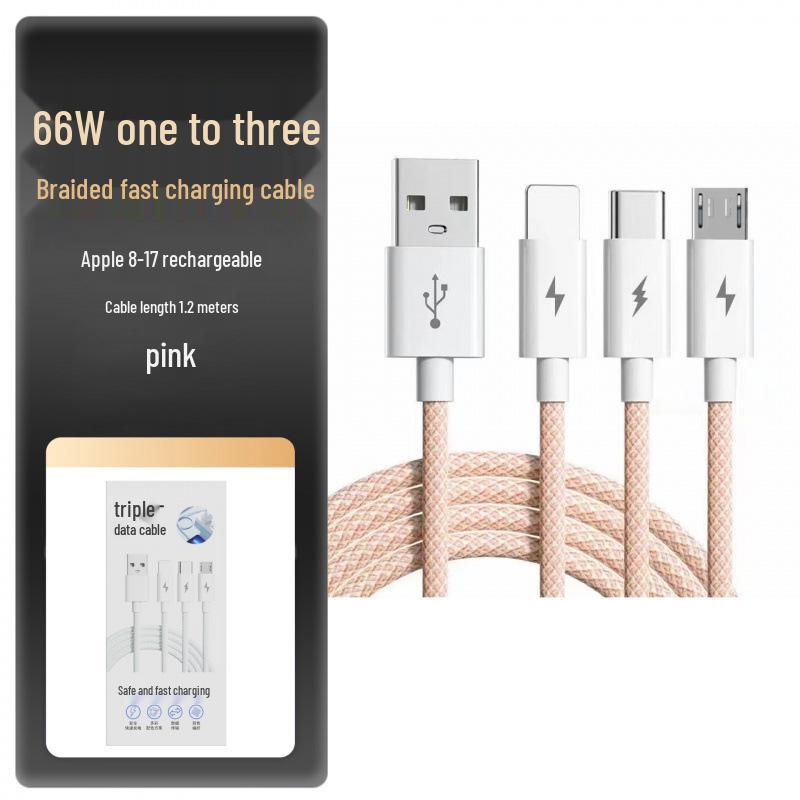 

66W Fast Charging Braided Macaron 3-in-1 Data Cable for Apple, Huawei, and Android Cable Only