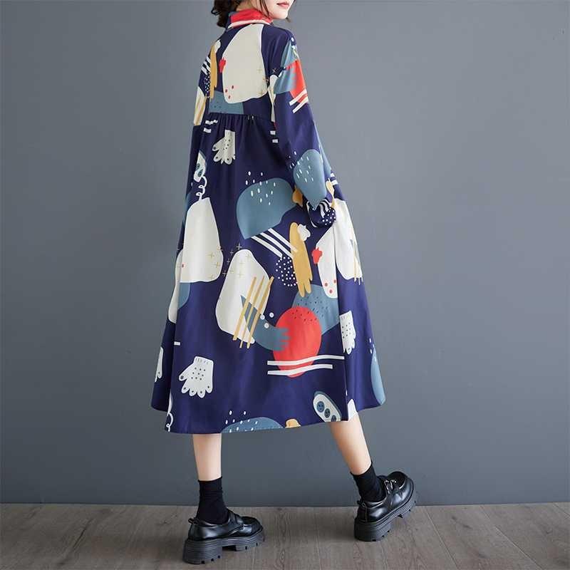 Loose Large Size Oceanic Printed Mid-Length Literary Vintage Dresses