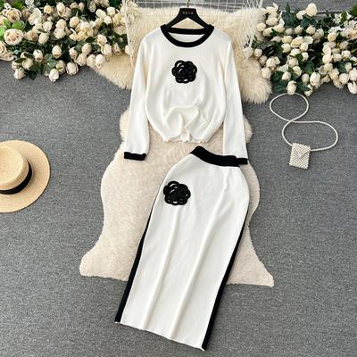 Autumn Women Brand Designer Beading Knitted Sweater Two Piece Set Full Sleeve Pullover Top and Slim Bodycon Sheath Skirt Outfits