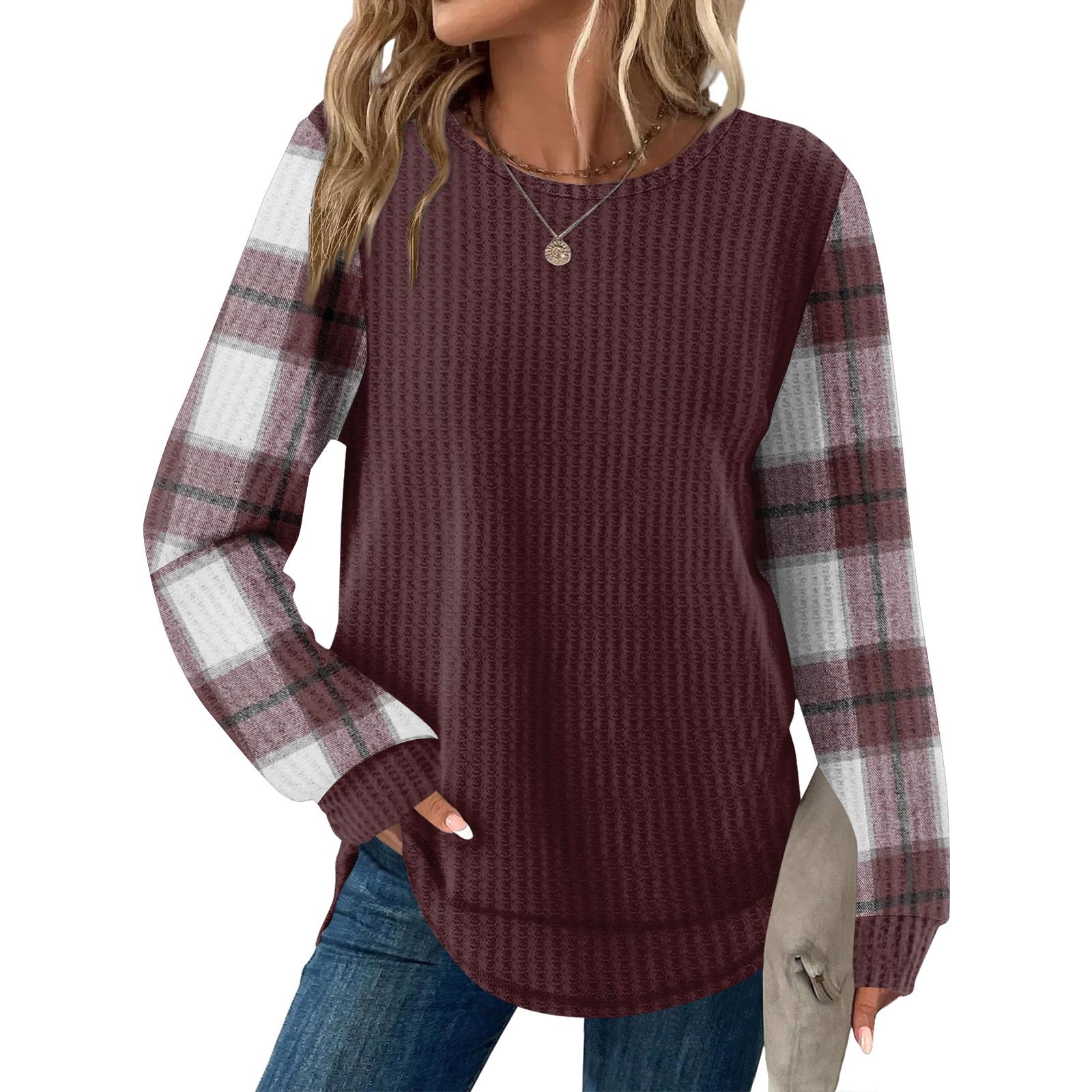 

Жіночий повсякденний вільний топ з круглим вирізом і довгим рукавом у клітинку XL винний