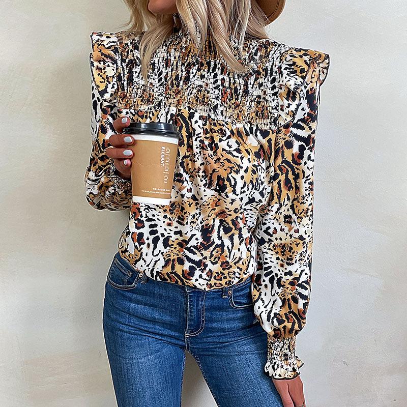 2025 Autumn and Winter New Long Sleeve Leopard Print Women's Half Turtle Collar Flying Sleeve Shirt for Women