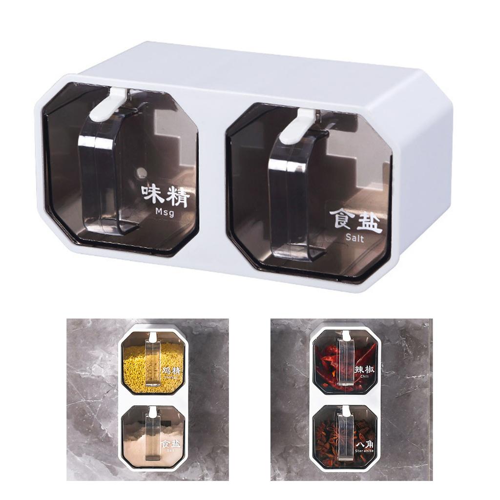 Wall Mounted Spice Box 2 Compartment Integrated Spoon Seasoning Box with Handle for Kitchens