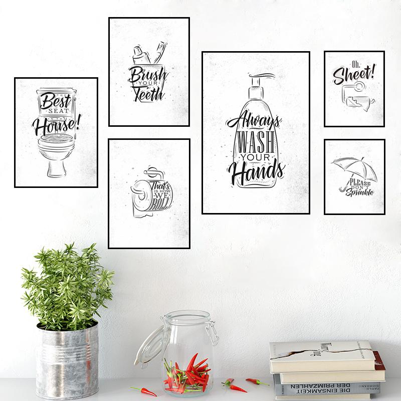 Čištění zubů Mytí rukou Toaleta Citace Obraz Koupelna Nástěnná malba Malba na plátně Umělecký plakát Černá Bílá Obrazy na toaletě HD2892