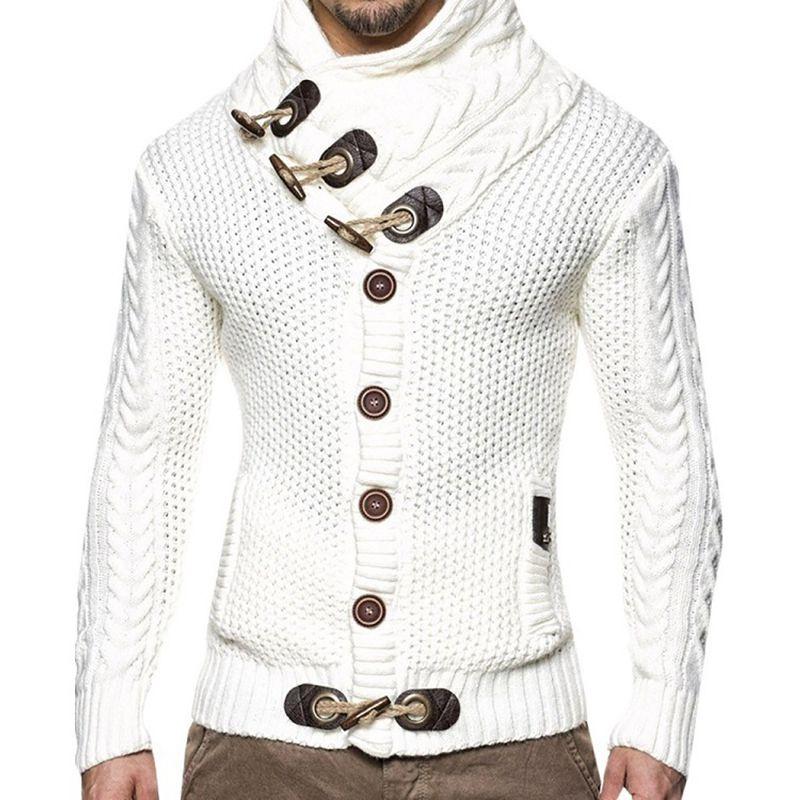 Elegant Men Long Sleeve Knitted Sweater With Horn Buttons And Turtleneck Coat Cardigan