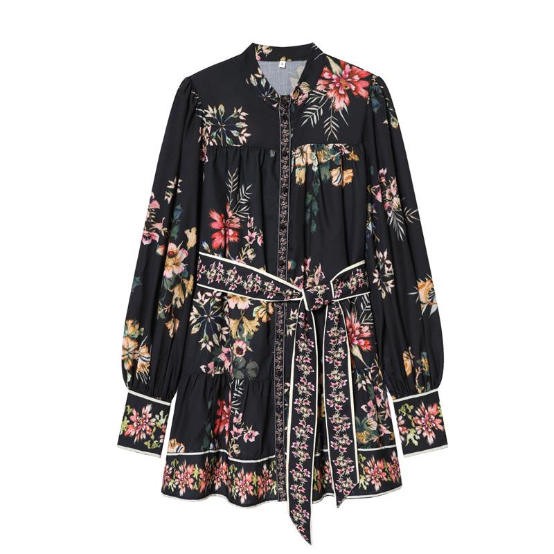 Spring 2026 European & American Style Women's Waist Tie Long Sleeve Printed Dress